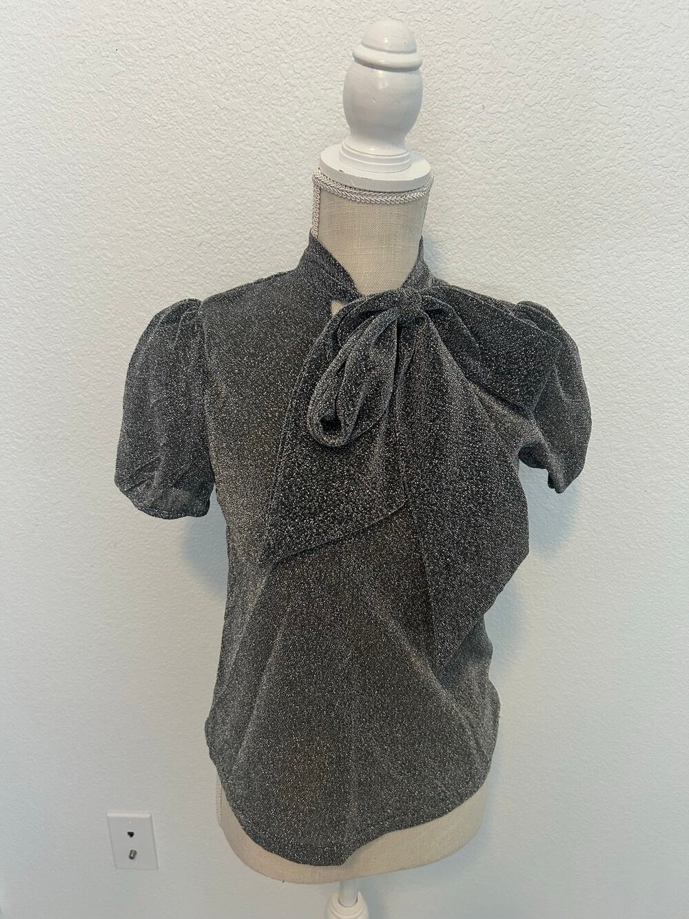 Shein Silver Gunmetal Metal Glitter Neck Bow Blouse - XS